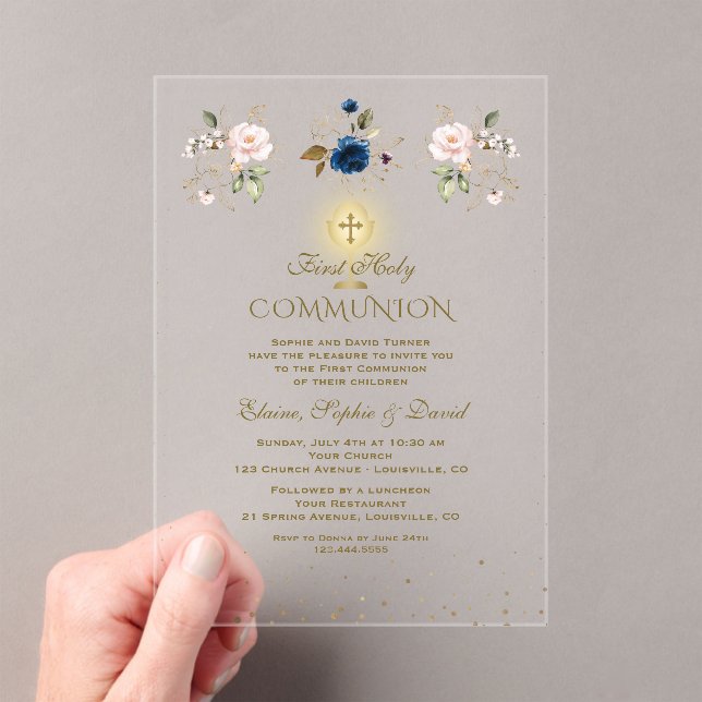 Invitations En Acrylique Pink Blue Floral Triplets First Holy Communion (In situ (ordinateur de poche))