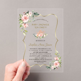 Invitations En Acrylique Pink Blush Floral Gold Baby Shower Tea Party