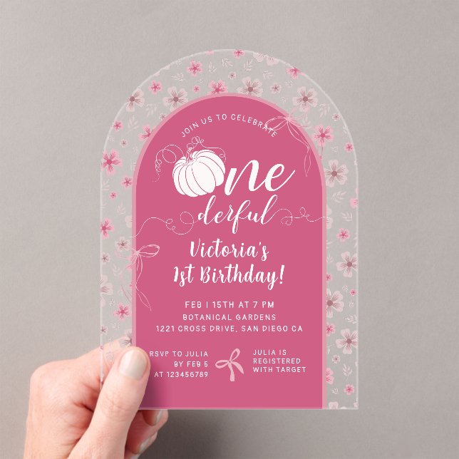 INVITATIONS EN ACRYLIQUE PINK BOW & ARCH FALL PUMPKIN FLOWERS BIRTHDAY (In situ (ordinateur de poche))