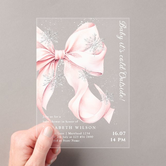 Invitations En Acrylique Pink Bow Baby It's Cold Outside Baby Shower (In situ (ordinateur de poche))