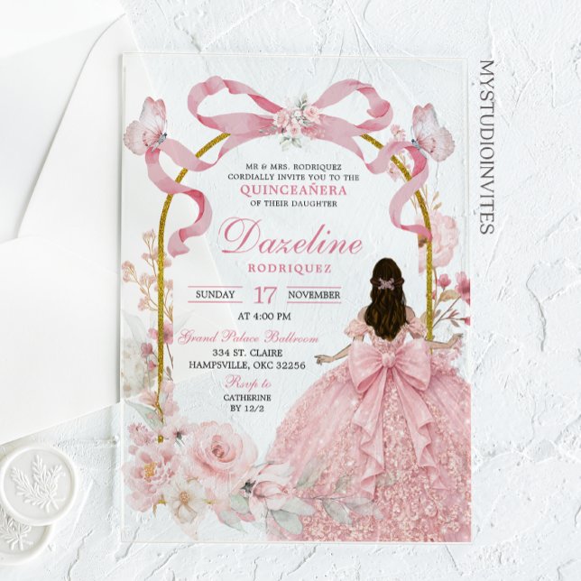Invitations En Acrylique Pink Bow Coquette Butterfly Quinceañera (Créateur téléchargé)