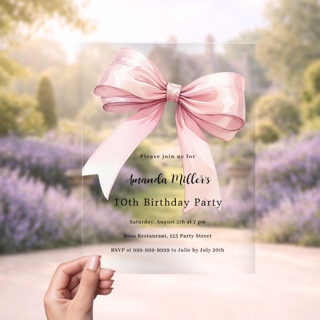 Invitations En Acrylique Pink bow coquette girl luxury clear birthday (Créateur téléchargé)
