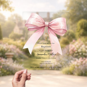 Invitations En Acrylique Pink bow crème fille clair Baptême