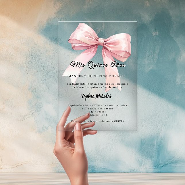 Invitations En Acrylique Pink bow elegant Quinceanera luxury clear (Créateur téléchargé)