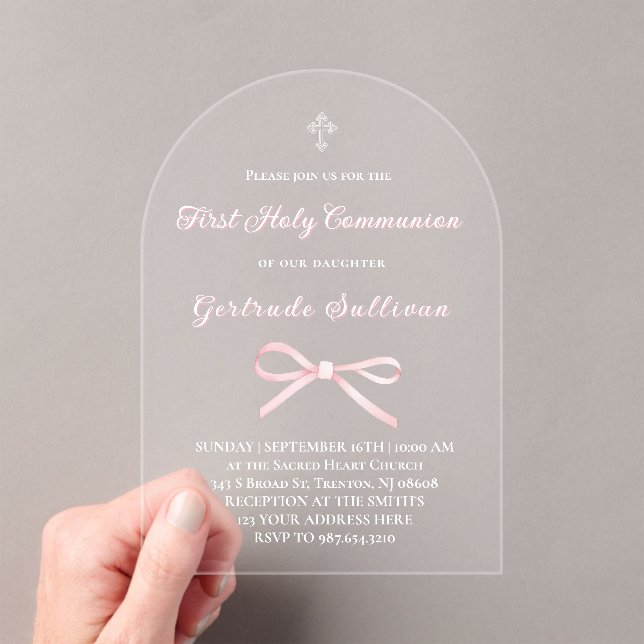 Invitations En Acrylique Pink bow First Holy Communion girl (In situ (ordinateur de poche))
