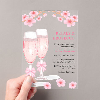 Invitations En Acrylique Pink Bow Floral Petals and Prosecco Bridal Shower 