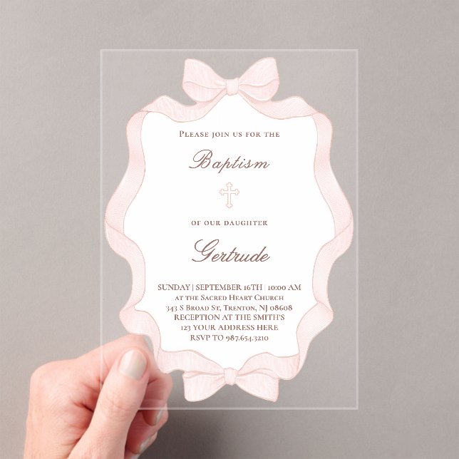 Invitations En Acrylique  pink bow frame Baptism  (In situ (ordinateur de poche))