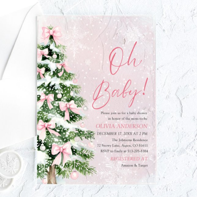 Invitations En Acrylique Pink Bow Girl Christmas Tree Oh Baby Baby shower (Pink Bow Girl Christmas Tree Oh Baby Baby Shower Acrylic Invitation)