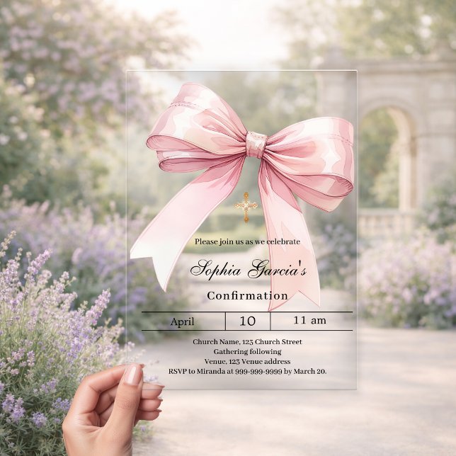 Invitations En Acrylique Pink bow girl clear Confirmation (Créateur téléchargé)