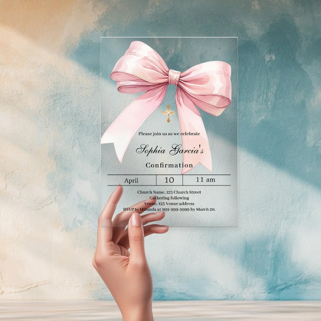 Invitations En Acrylique Pink bow girl clear Confirmation (Créateur téléchargé)