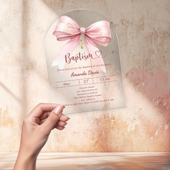 Invitations En Acrylique Pink bow girl elegant clear luxury arch Baptism (Créateur téléchargé)
