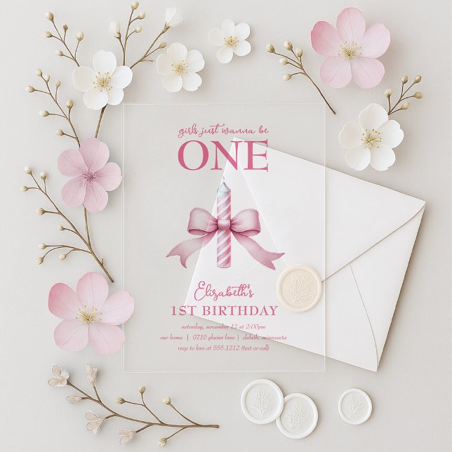 Invitations En Acrylique Pink Bow Girls Just Wanna Be One 1st Birthday  (Pink Bow Girls Just Wanna Be One 1st Birthday Acrylic Invitations)