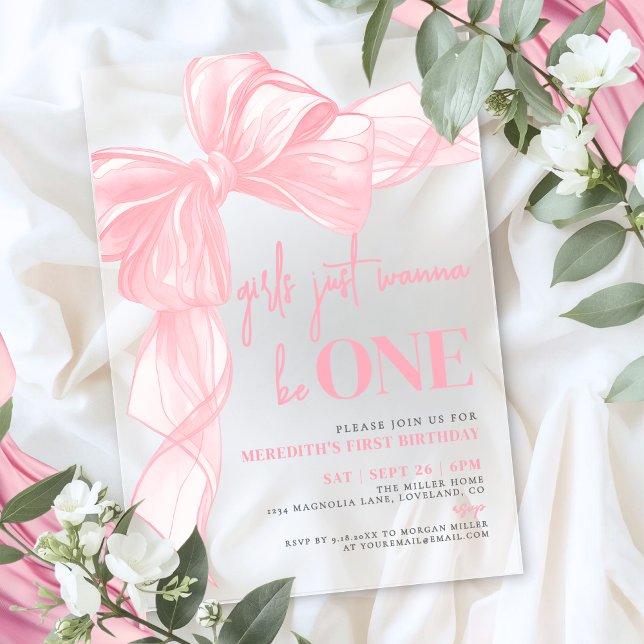 Invitations En Acrylique Pink Bow Girls Just Wanna Be ONE 1st Birthday (Pink Bow Girls Just Wanna Be ONE 1st Birthday Acrylic Invitations)
