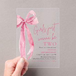 Invitations En Acrylique Pink Bow Girls Veut Juste Être Deux 2e Anniversair