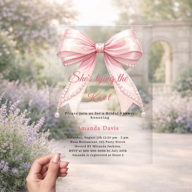 Invitations En Acrylique Pink bow pearl tying the knot luxury Bridal Shower (Créateur téléchargé)