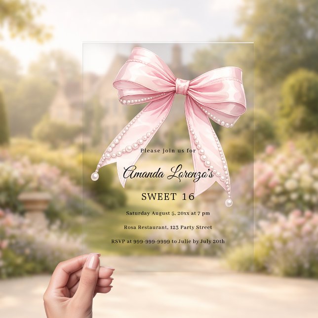 Invitations En Acrylique Pink bow pearls elegant Sweet 16 luxury clear (Créateur téléchargé)