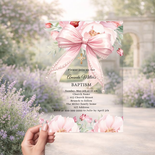 Invitations En Acrylique Pink bow pearls florals girl clear Baptism (Créateur téléchargé)