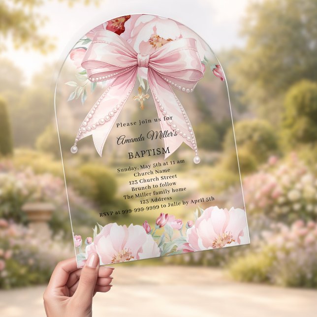Invitations En Acrylique Pink bow pearls florals girl clear Baptism arch (Créateur téléchargé)
