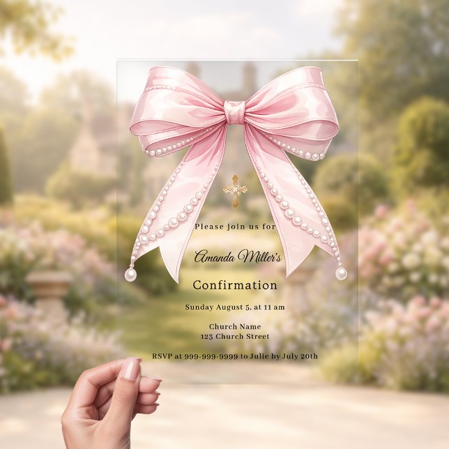 Invitations En Acrylique Pink bow pearls girl elegant luxury Confirmation (Créateur téléchargé)