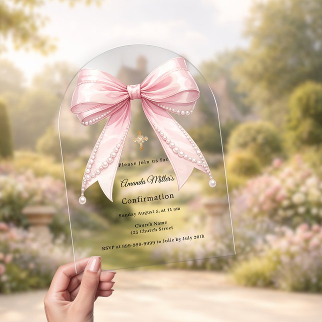 Invitations En Acrylique Pink bow pearls girl luxury Confirmation arch (Créateur téléchargé)