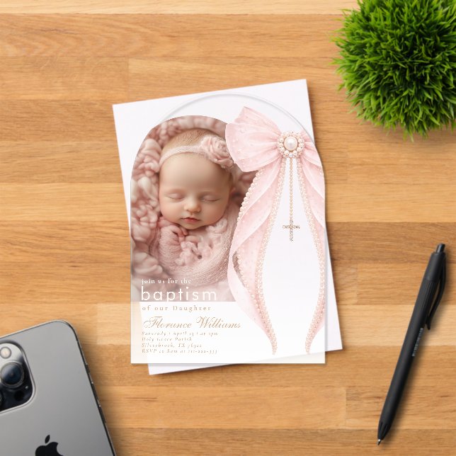 Invitations En Acrylique Pink Bow Pearls Photo Baby girl Baptism (Insitu (Carte d'invitation))