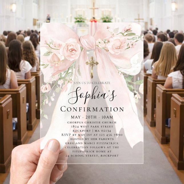 Invitations En Acrylique Pink Bow Rose Floral Girl Confirmation (Créateur téléchargé)