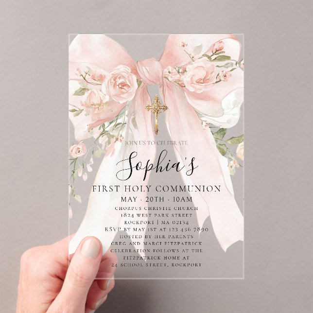 Invitations En Acrylique Pink Bow Rose Floral Girl First Communion (In situ (ordinateur de poche))