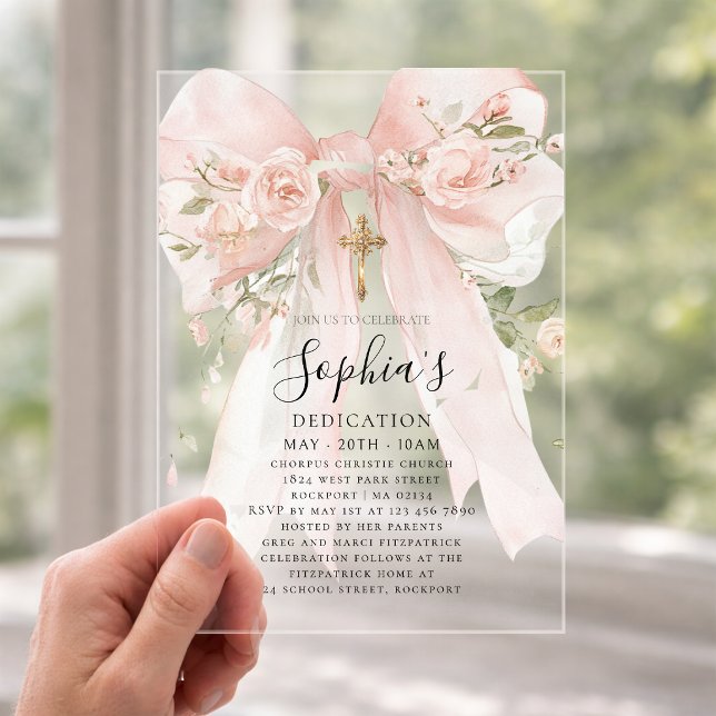 Invitations En Acrylique Pink Bow Rose Floral Girl's Dedication Arch (Créateur téléchargé)