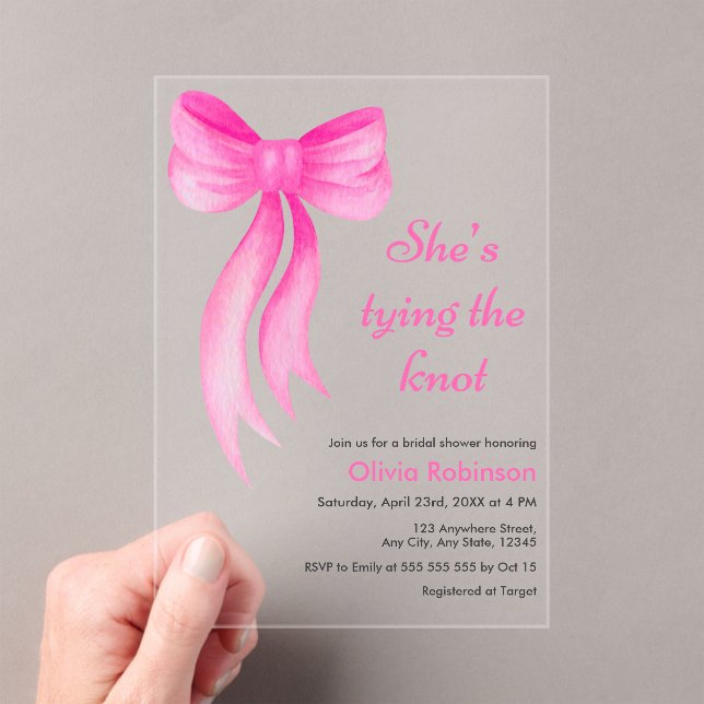 Invitations En Acrylique Pink Bow She's Tying the Knot Bridal Shower  (In situ (ordinateur de poche))