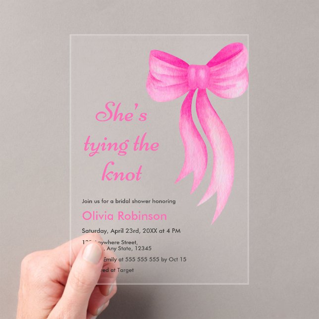 Invitations En Acrylique Pink Bow She's Tying the Knot Bridal Shower  (In situ (ordinateur de poche))