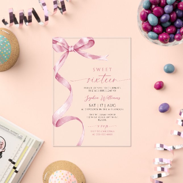 Invitations En Acrylique Pink Bow Sweet 16 Birthday  (Insitu (Célébration))