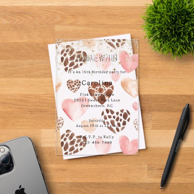 Invitations En Acrylique Pink Cream Animal Hearts Gold Sparkle Birthday (Insitu (Carte d'invitation))