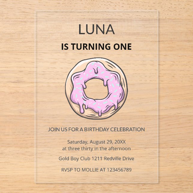 Invitations En Acrylique Pink Donut Cute Girl 1st Birthday Party  (Recto)