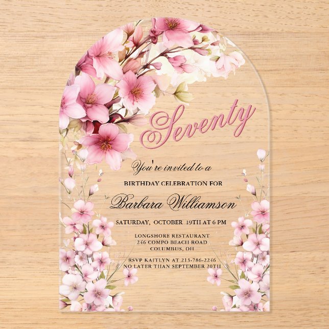 Invitations En Acrylique Pink Floral Arch Elégance 70e fête d'anniversaire (Recto)