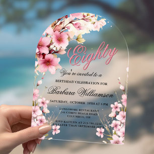 Invitations En Acrylique Pink Floral Arch Elégance 80e fête d'anniversaire