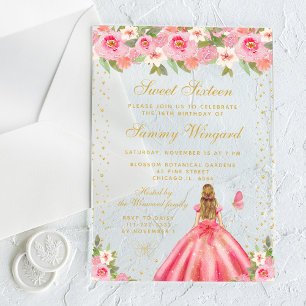 Invitations En Acrylique Pink Floral Blonde cheveux Princesse Sweet sixteen