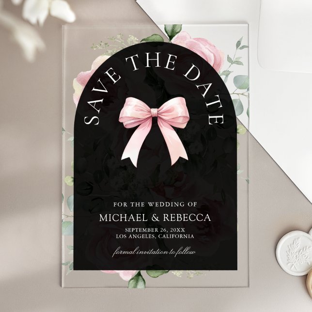 Invitations En Acrylique Pink Floral Bow Black Wedding Save the Date (Créateur téléchargé)