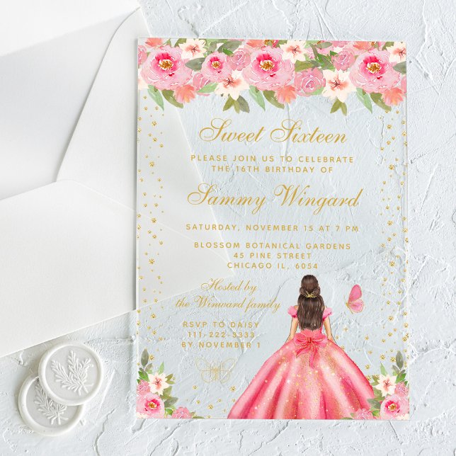 Invitations En Acrylique Pink Floral Brunette Hair Princess Sweet sixteen (Créateur téléchargé)