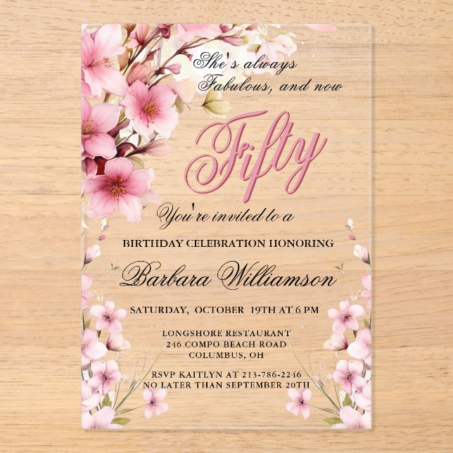 Invitations En Acrylique Pink Floral Elegance 50ème et Fab Anniversaire (Recto)