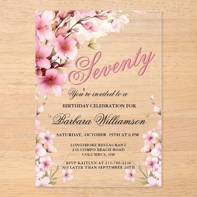 Invitations En Acrylique Pink Floral Elegance 70e anniversaire (Recto)