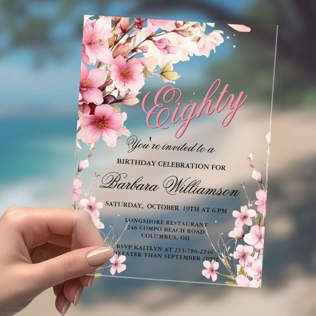 Invitations En Acrylique Pink Floral Elegance 80e fête d'anniversaire (Créateur téléchargé)