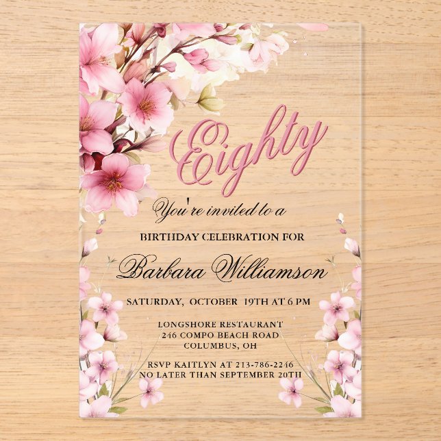Invitations En Acrylique Pink Floral Elegance 80th Birthday Party (Recto)