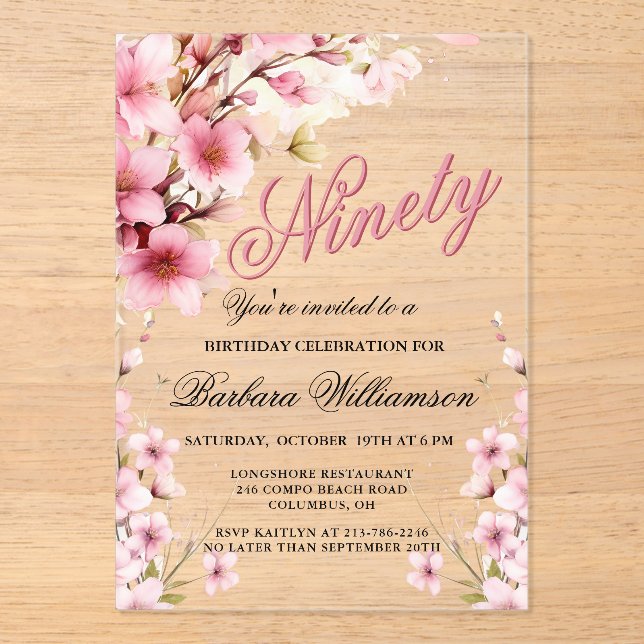 Invitations En Acrylique Pink Floral Elegance 90e fête d'anniversaire (Recto)