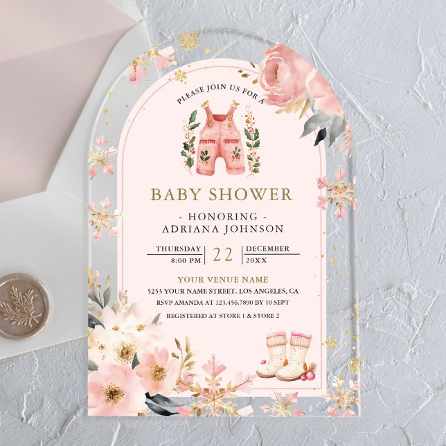 Invitations En Acrylique Pink Floral Winter Wonderland Arch Baby shower (Créateur téléchargé)