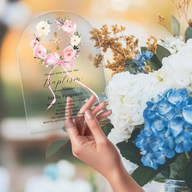 Invitations En Acrylique Pink floral wreath bow cross girl baptism arch (Créateur téléchargé)