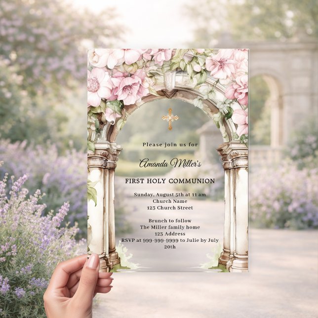 Invitations En Acrylique Pink florals arch girl First Communion clear (Créateur téléchargé)