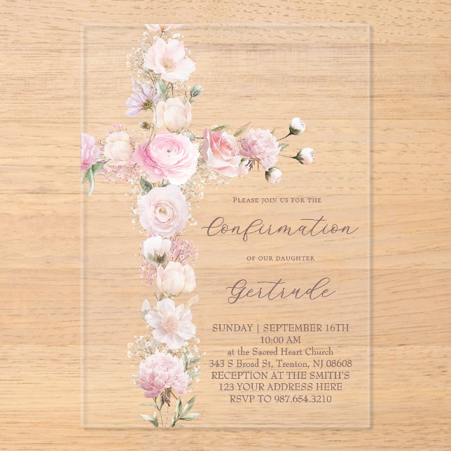 Invitations En Acrylique pink flowers cross  Confirmation (Recto)