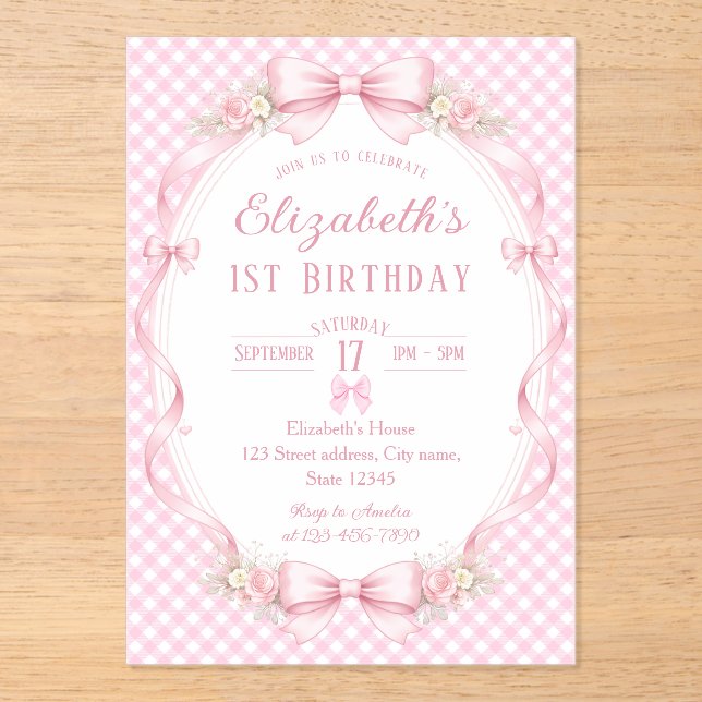 Invitations En Acrylique Pink Gingham Bow First Birthday (Recto)