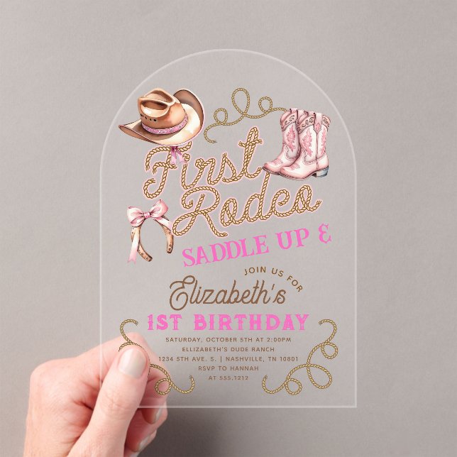 Invitations En Acrylique Pink Girls First Rodeo 1st Birthday (In situ (ordinateur de poche))