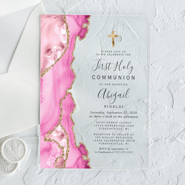 Invitations En Acrylique Pink Gold Agate Girls First Holy Communion (Créateur téléchargé)